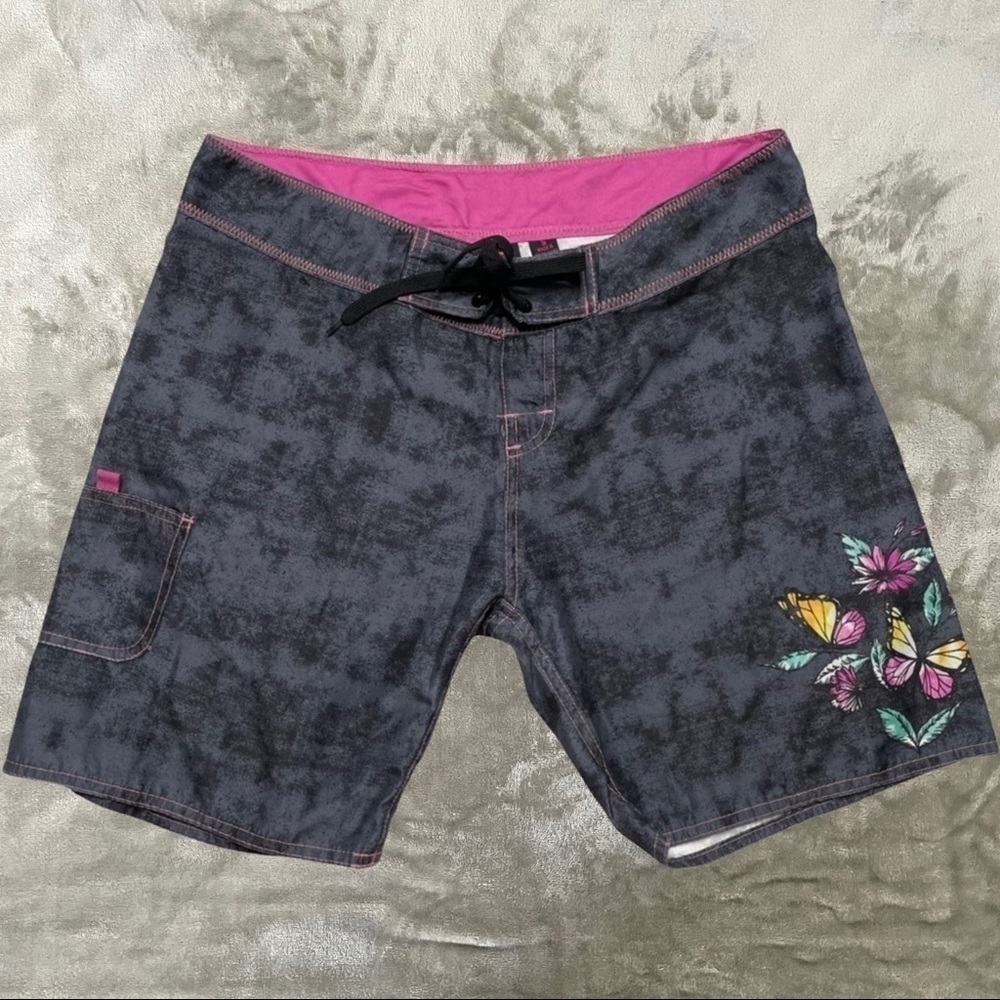 Burnside Floral Butterfly Board Swim Surf Shorts Size Small Charcoal Pink